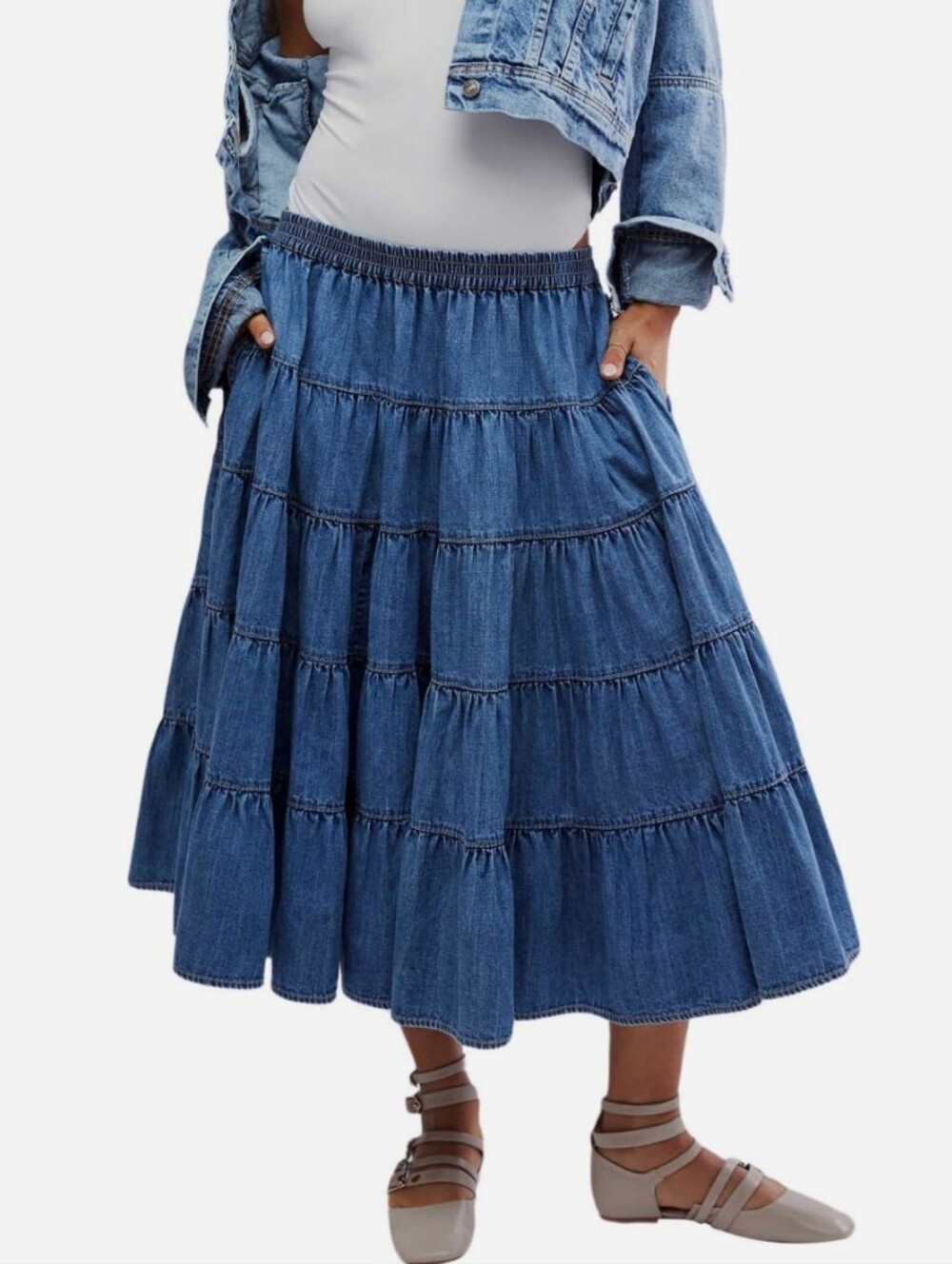 NWT Free People Chambray Tiered Maxi Skirt